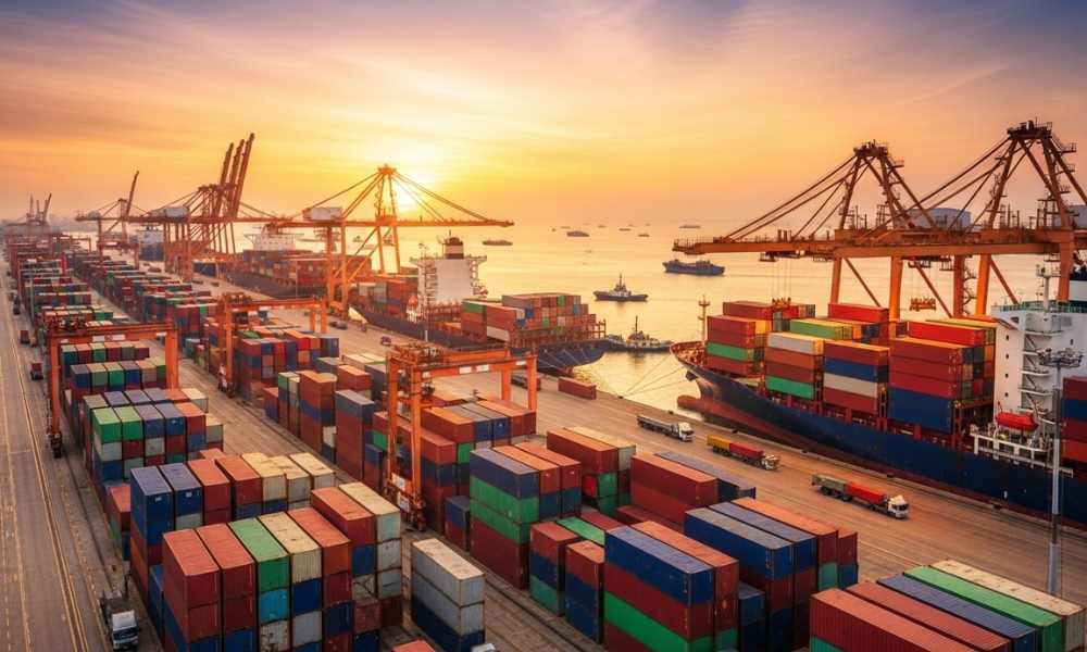 Cảng biển với nhiều container và cần cẩu vận chuyển hàng hóa tại Canada