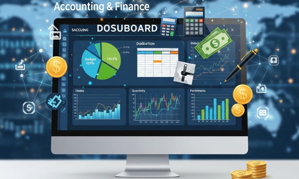 Máy tính hiển thị biểu đồ tài chính và số liệu kế toán