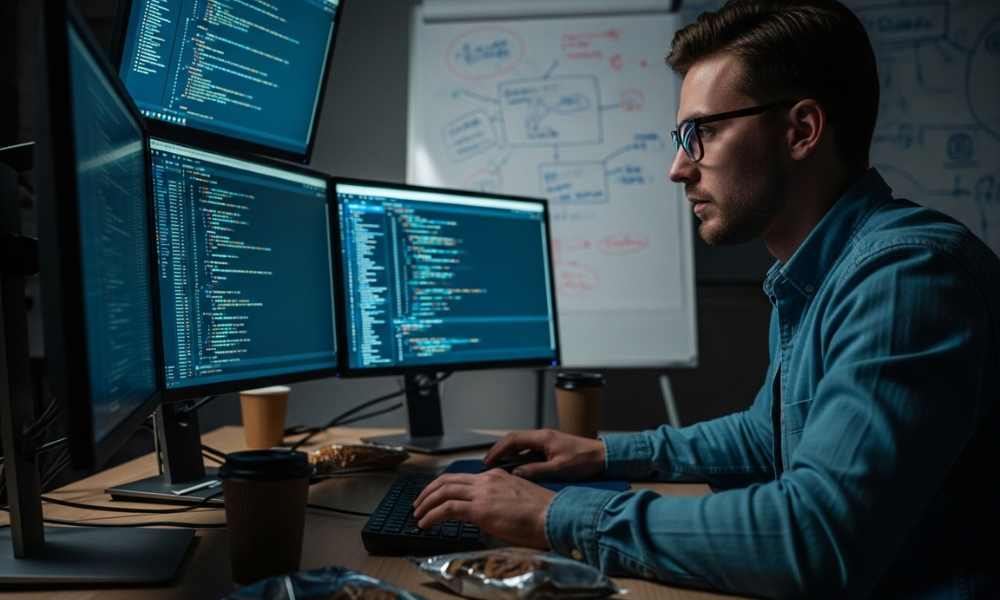 Lập trình viên đang làm việc với mã code, minh họa cho ngành Công nghệ thông tin tại Canada
