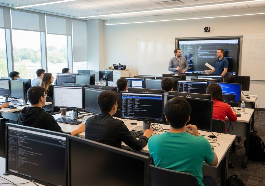 Sinh viên quốc tế học IT tại Canada trong lớp học hiện đại, cơ hội nghề nghiệp rộng mở